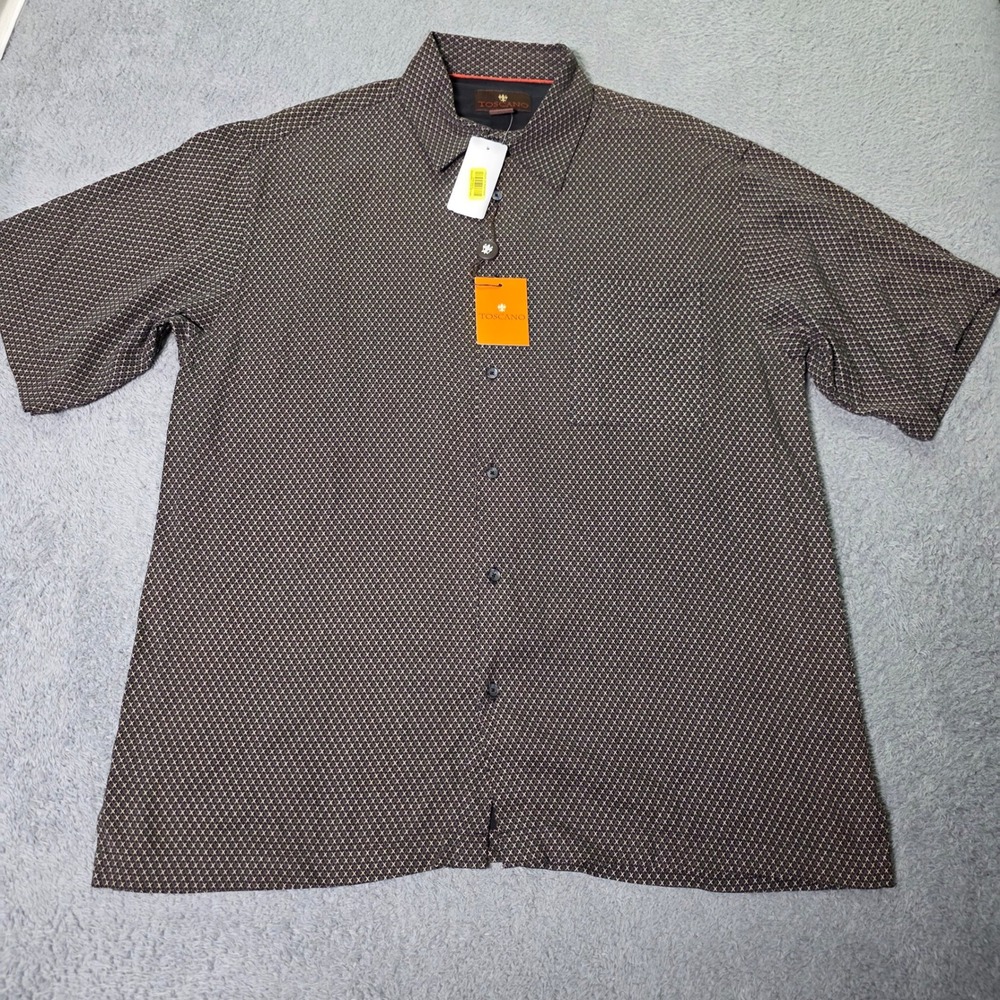 Toscano Mens L Nijole Shirt Black Silk Short Sleeve Geometric Crosshatch 001 VTG